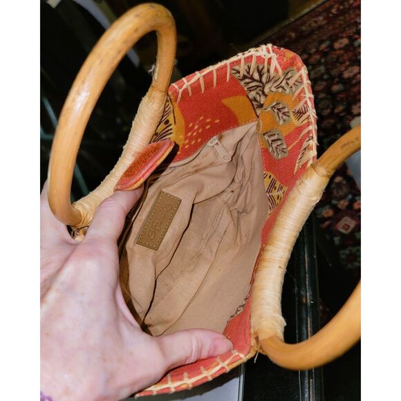 Fossil handbag, natural Cane handle, terracotta/ tan, Tropics '90s Y2K EXCELLENT - Picture 10 of 11